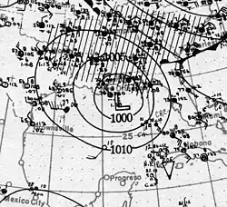 A map showing the hurricane's isobars and station observations in the Gulf of Mexico and on surrounding landmasses
