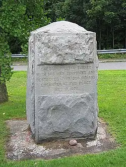 Monument on the Gill side of the Turners Falls–Gill Bridge, with the text "Captain William Turner with 145 men surprised and destroyed over 300 Indians encamped at this place May 19, 1676"