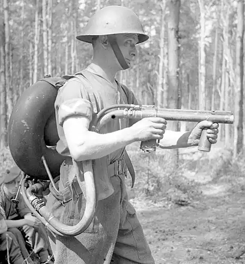 A British World War II–type "lifebuoy" flamethrower in 1944
