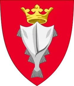 The coat of arms of Iceland under Dano-Norwegian rule, blazoned "Gules, a stockfish argent crowned Or", c. 16th century–1903