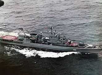 Soviet KGB Border Troops Krivak III-class frigate Imeni 70-Letiya Pogranichnykh Voisk (renamed Anadyr in Russian Coast Guard service) in 1988. KGB ensign is risen