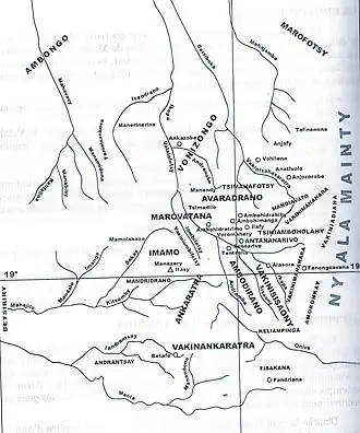 Provinces of the Imerina Kingdom with the former Kingdom of Andrantsay in the southwest. The Andratsay River is visible on the map. Andrantsay is part of Vakinankaratra, like Fikasana to the left.