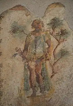 Wall painting of Priapus with two phalluses in the Lupanar 72 -79 CE [5]