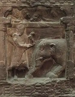 Nalagiri subdued, rear of a pillar with the Bhuteswar Yakshis, 2nd century.