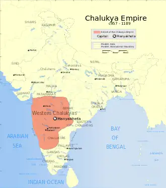 Greatest extent of the Western Chalukya Empire, 1121 AD[2]