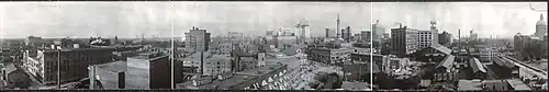 A panorama of Indianapolis in black and white