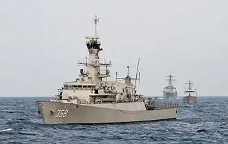 The Indonesian navy corvette KRI John Lie (358) lines up for a combined gunnery exercise behind the U.S. Navy littoral combat ship USS&nbsp;Fort Worth during the underway phase of CARAT Indonesia 2015.