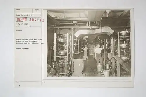 Cocoa presses being operated in the early 20th century