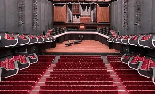 View of the auditorium from back stalls towards the stage and organ