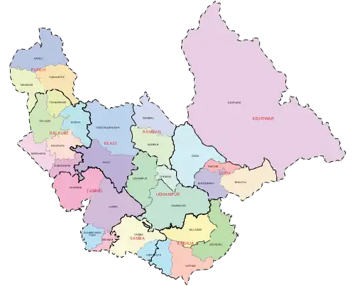 Districs (in red letters) & Sub-districts (in back letters) of Jammu division in 2013