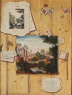 A 'trompe l'oeil' of a wooden panelling with a painted canvas of a landscape 'capriccio', a pile of prints with a repetition of the painted subject, an almanach, sealed letters and playing cards, Jacobus Plasschaert, 1650s