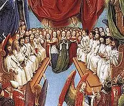 Attendants to the resurrected Christ, upper right panel. Because of its relative stylistic simplicity, this section is thought to have been designed by van Eyck, but completed by a member of his workshop.