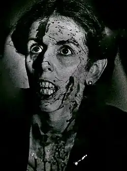 A woman with a deranged expression, and her face covered in blood.