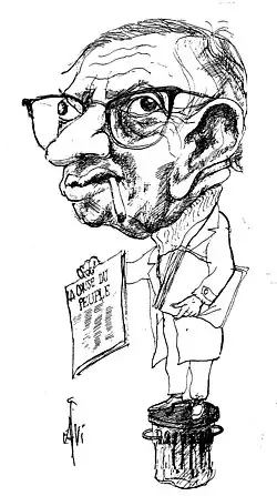 Drawn caricature of Jean-Paul Sartre with enlarged head, nose, and ears, selling a newspaper labeled "La Cause du Peuple"