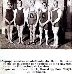 Veterans team of the Royal Brussels Swimming Club. Inter army race winner.