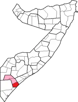 Jilib highlighted on a map of Somalia