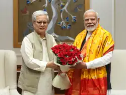 Governor of Telangana Jishnu Dev Varma presenting a bouquet to Prime Minister of India Narendra Modi on 3 August 2024