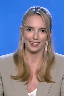 Jodie Comer being interviewed for 'Free Guy' in August 2021.