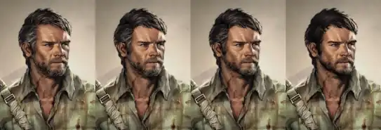 Four images depicting a man with dark brown hair and beard, wearing a flannel shirt and looking to the right. From left to right, he gets younger, with less wrinkles and grey hair in each iteration.