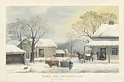 A winter farm scene, with guests greeted at door of farmhouse