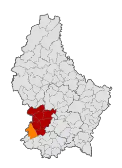 Map of Luxembourg with Käerjeng highlighted in orange, and the canton in dark red