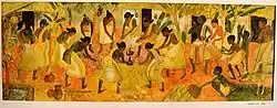 Thiruvathirakali, 1956. Watercolour. Menon enjoyed painting festivities. This painting depicts the thiruvathirakali performance of Kerala.