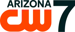 The CW logo, an orange thick logo with the letters C and W connected, in the lower left. Above it, right-aligned, is the word Arizona capitalized in a sans serif. To the right of both, full-height, is a sans-serif numeral 7.