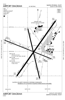 A map with a grid overlay showing the terminals runways and other structures of the airport.