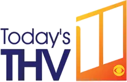 At left, in navy blue in a geometric sans serif on two lines, the words Today's and T H V, with T H V bolder and larger. To the right on an orange gradient box with an angled top is a vertically slanted 11, the left numeral 1 extending slightly to the edge. A yellow CBS eye sits in the lower right corner.