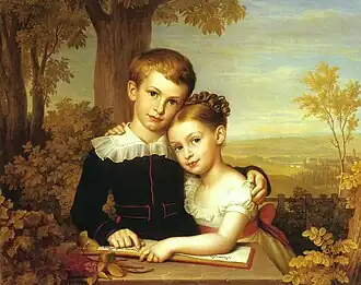 Portrait of two children with an extensive landscape beyond, 1823