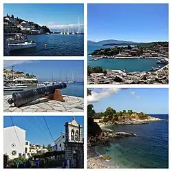 Clockwise from the top left: Limani (Harbour); View from Kassiopi Castle; Bataria and Kanoni; Church of Panagia Kassopitra; Canon at the harbour