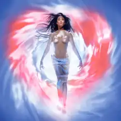 A swirling vortex surrounds Perry, in the center. White overlays blue and salmon colors in the shape of a heart symbol. She wears only a sheer fabric cover while lifting up her arms and leg.
