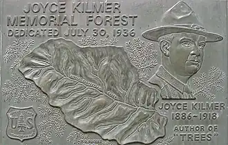 Plaque erected at the Joyce Kilmer Memorial Forest in Graham County, North Carolina