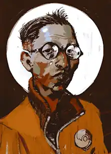An illustration of man wearing glasses and an orange bomber jacket
