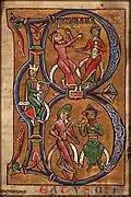 1200-1250, France. King David playing harp with Asaph (panpipe and shofar), Aeman (cymbala), Ethan (viol) and Jeduthun (rebec), Bout Psalter Book of Hours