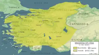 Map of the Lydian Kingdom in its final period of sovereignty under Croesus, c. 547 BC.