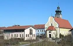 Patersdorf town hall (left) and the St Martin Parish Church (right) viewed from the south-west