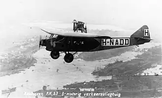 Photograph of the Koolhoven F.K.33 trimotor airplane with registration H-NADD