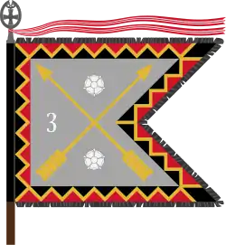 The traditional colour of the Kymi Jaeger Battalion, today a part of the Karelia Brigade, is of the form defined for light infantry. The Kymi Jaeger Battalion follows the traditions of the 3rd Bicycle Battalion and carries that number on its colour, and the Order of the Cross of Liberty both as a streamer and as the point of the staff.