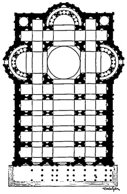 Plan 2. This plan has an extended nave with two aisles on either side of it. The main spaces of the church form a Latin cross.