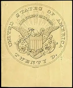 Hand-drawn design for the reverse of the $20 Liberty Head with a proposed (but not adopted) version of the motto.