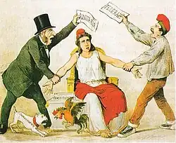 Cartoon depicting the Spanish Republic being fought over by unitary and federal republicans, while a dog and rooster, respectively representing intransigent and moderate federalists, fight in the foreground