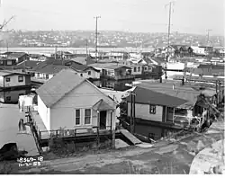 Floating homes on the east shore of Lake Union near Roanoke Street, Seattle, 1953.