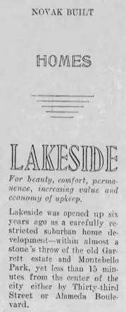 A September 26, 1926 advertisement in the Baltimore Sun for a racially restricted "Novak Built" development in Lakeside, Baltimore.