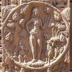Lakshmi with lotus and two child attendants, probably derived from similar images of Venus[191]