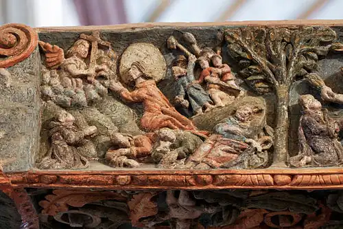 One of the bas-reliefs carved on the rood screen beam: Christ in fervent prayer in the Garden of Gethsemane
