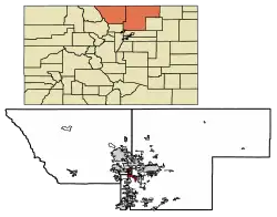 Location of Johnstown in Larimer County and Weld County, Colorado.