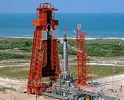 Atlas - with spacecraft mounted - on launch pad at Launch Complex 14