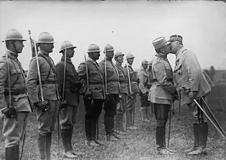 French General Henri Berthelot hands over the commander's tie to General Grigorescu (June 6, 1917)