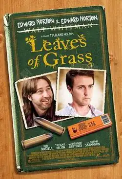 A green book cover, the name of the author Walt Whitman has a line through it, with "Edward Norton & Edward Norton" writing above instead. The cover includes Polaroid photographs of two men who look very alike, although one has a beard and long hair and the other is clean shaven. Below the photographs are bullets and a packet of cigarette rolling papers.